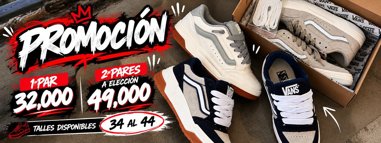 Promoción: 1 par $32.000, 2 pares a elección $49.000. Talles disponibles del 34 al 44.